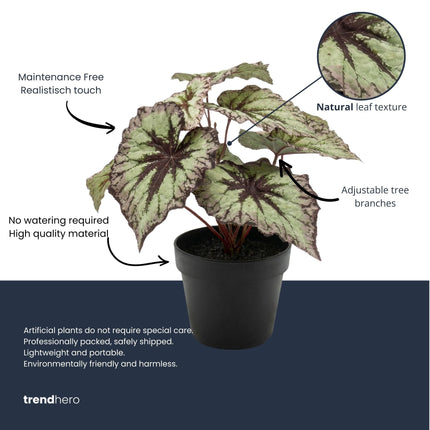Begonia 26 Cm - Potted - Grey Purple Leaves - Artificial Plant - Uv - Indoor & Outdoor