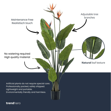 Strelitzia With Flowers – 120 Cm – In Black Pot – Artificial Plant