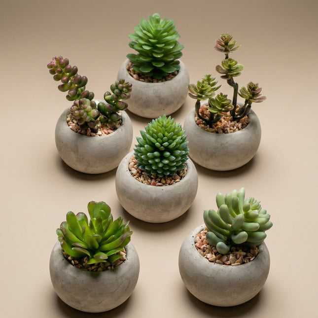 Artificial Mini Succulents In Cement Pot - Succulent Mix Set 6 - Ø 6.5