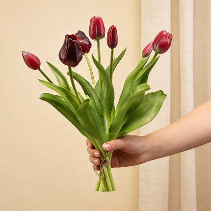 Tulip Bouquet - Deep Red - ‘Real Touch’ Artificial Tulips - 7 Tulip Stems - 40 Cm