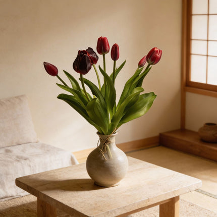 Tulip Bouquet - Deep Red - ‘Real Touch’ Artificial Tulips - 7 Tulip Stems - 40 Cm