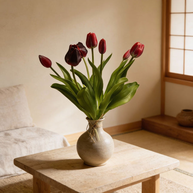 Tulip Bouquet - Deep Red - ‘Real Touch’ Artificial Tulips - 7 Tulip Stems - 40 Cm