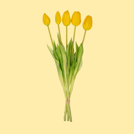 Tulip Bouquet - Yellow - ‘Real Touch’ Artificial Tulips - 5 Tulip Stems - 43 Cm
